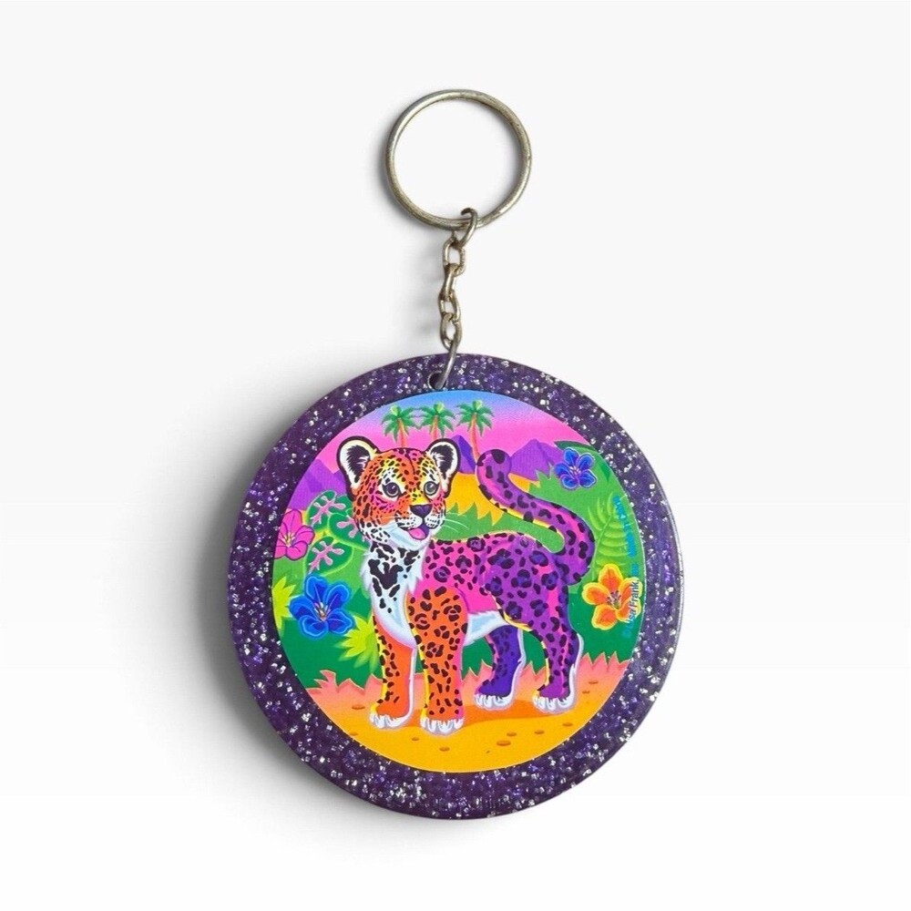 Vtg 90s Lisa Frank Hunter Leopard Purple Glitter Keychain Frame Mirror Rare